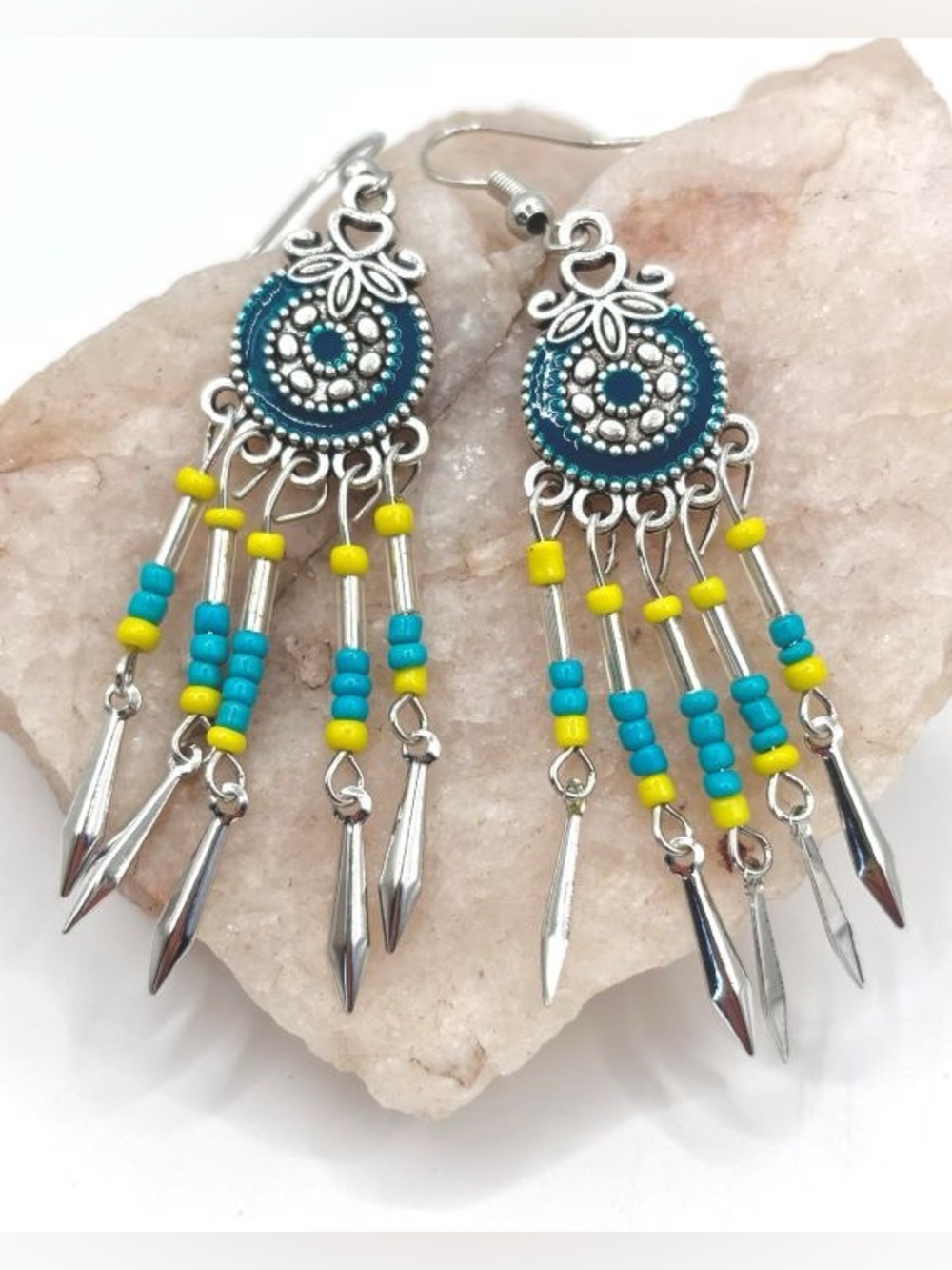 Boho Ethnic Southwestern Turquoise Yellow Beaded Tassel Tasseled Dangle Earrings